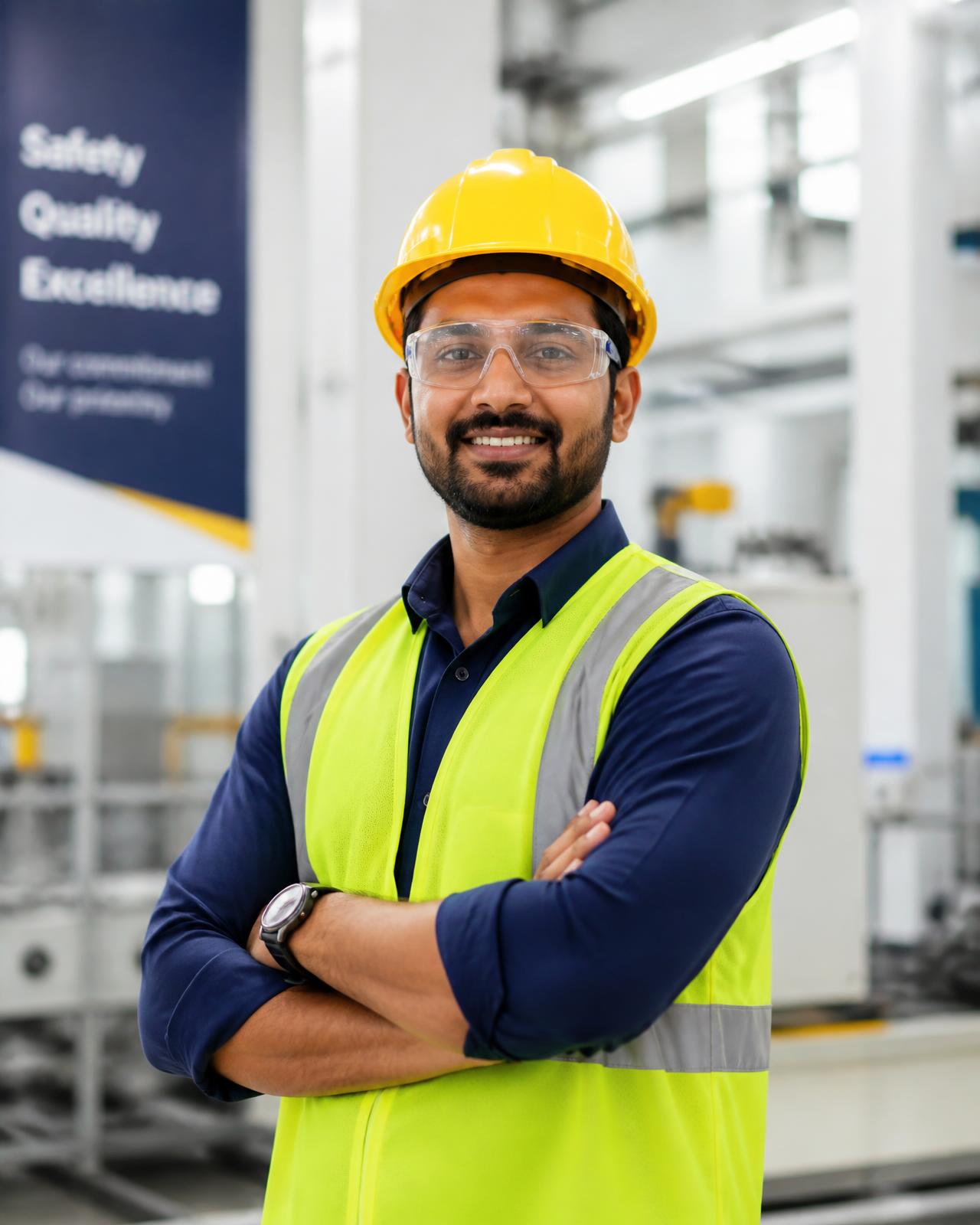 Industrial safety professional wearing a hard hat and high-visibility vest in a modern plant